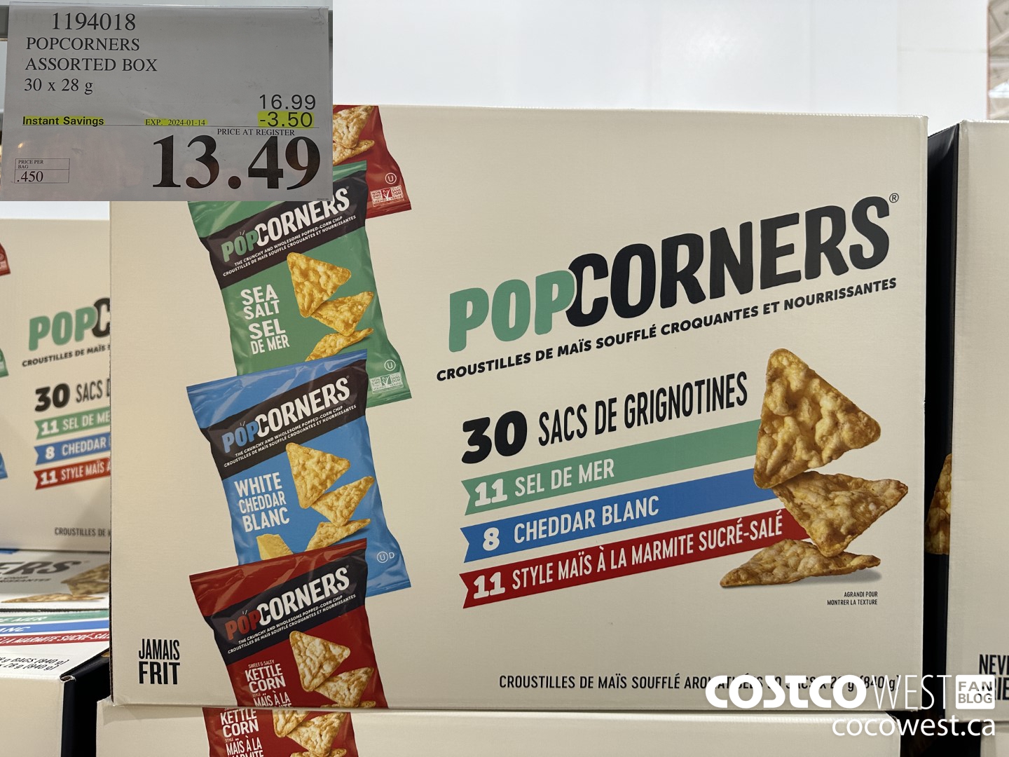 1194018 POPCORNERS ASSORTED BOX 30 X 28 G ($3.50 INSTANT SAVINGS EXPIRES ON 2024-01-14) $13.49