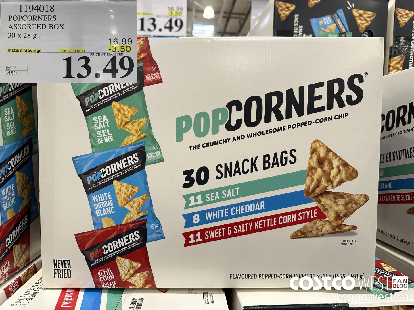 1194018 POPCORNERS ASSORTED BOX 30 X 28 G ($3.50 INSTANT SAVINGS EXPIRES ON 2024-01-14) $13.49