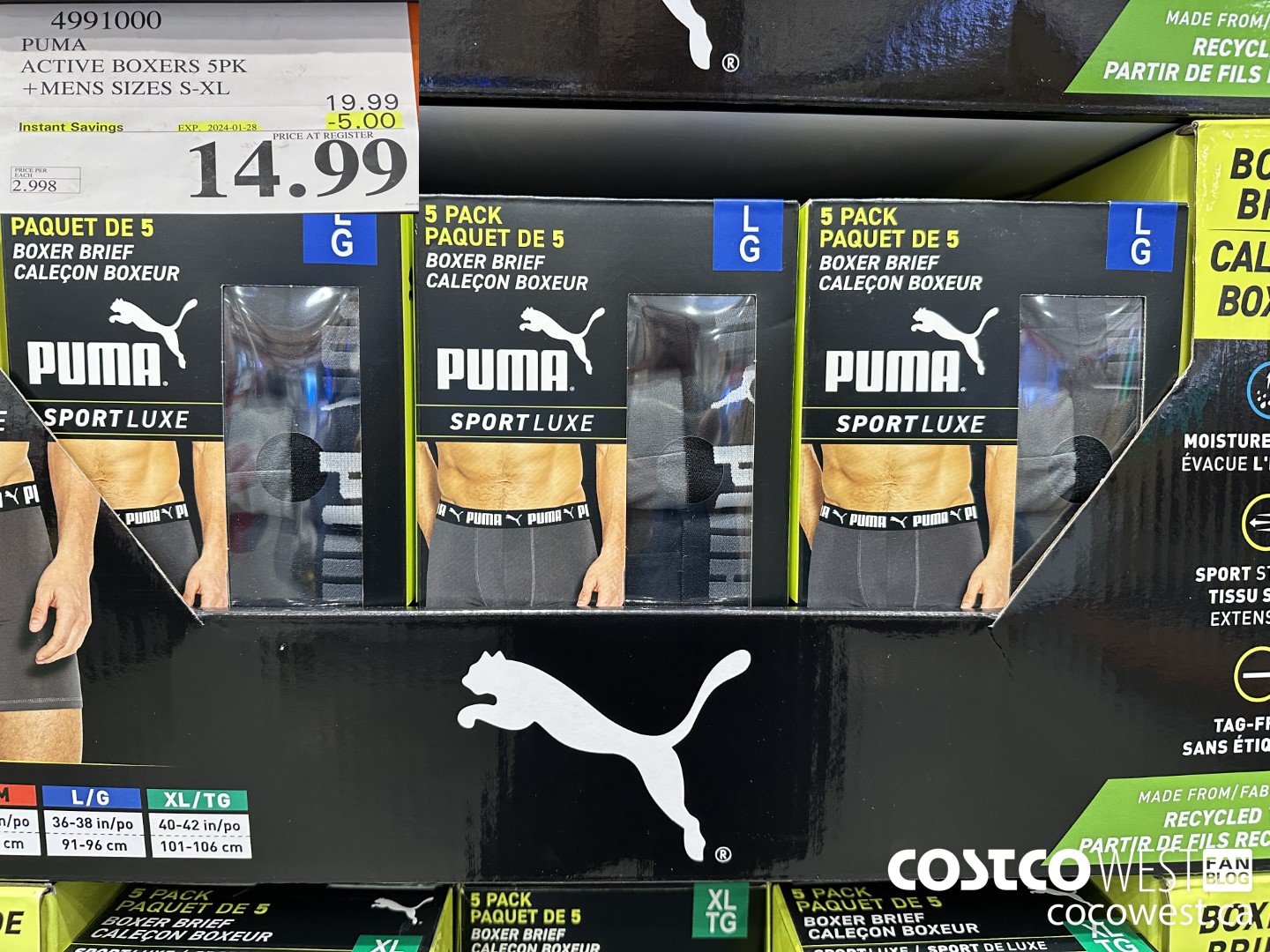 4991000 PUMA ACTIVE BOXERS 5PK MENS SIZES S-XL ($5.00 INSTANT SAVINGS EXPIRES ON 2024-01-28) $14.99