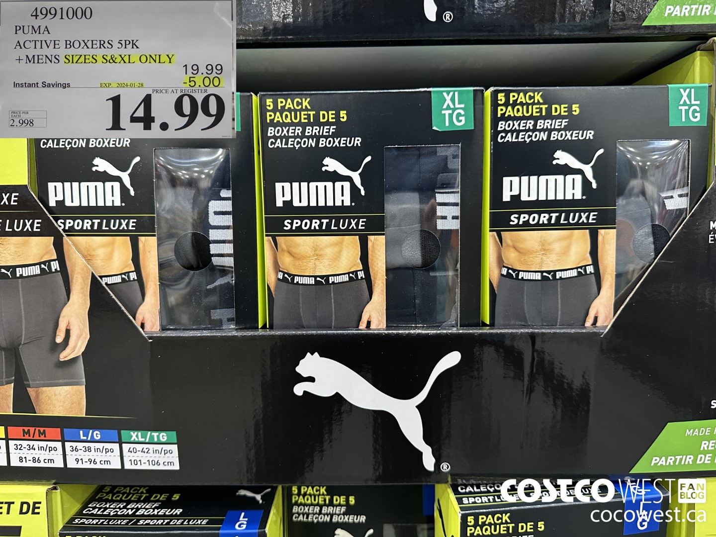 4991000 PUMA ACTIVE BOXERS 5PK MENS SIZES S & XL ONLY ($5.00 INSTANT SAVINGS EXPIRES ON 2024-01-28) $14.99