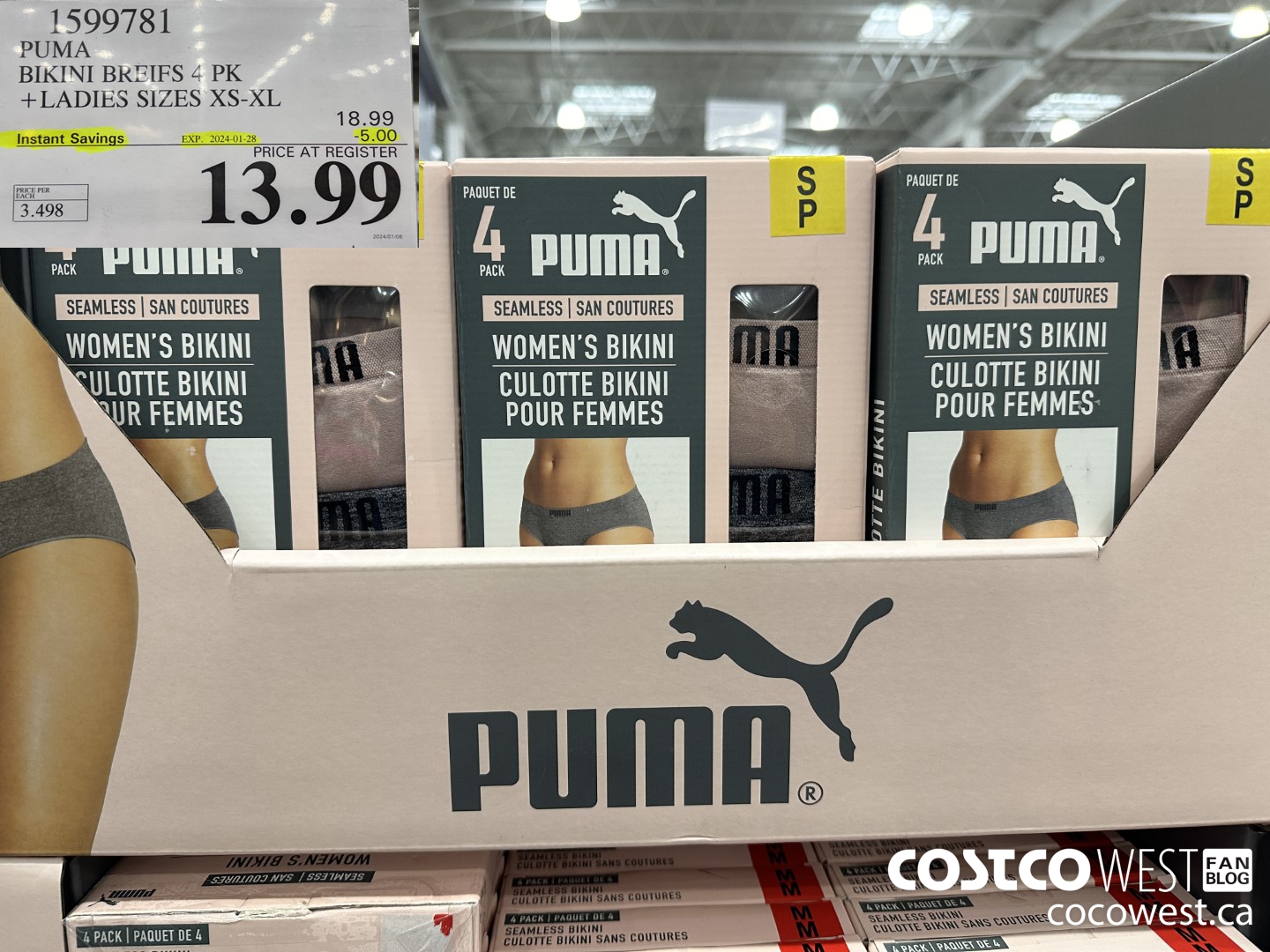 1599781 PUMA BIKINI BRIEFS 4 PK LADIES SIZES XS-XL ($5.00 INSTANT SAVINGS EXPIRES ON 2024-01-28) $13.99