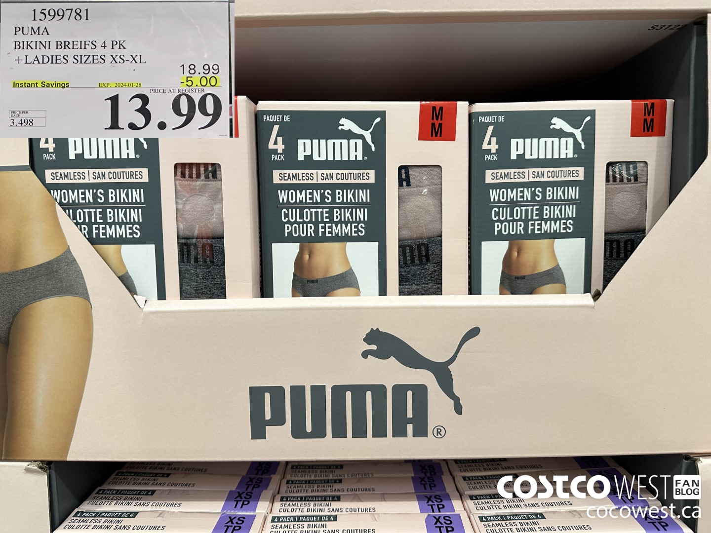 1599781 PUMA BIKINI BRIEFS 4 PK LADIES SIZES XS-XL ($5.00 INSTANT SAVINGS EXPIRES ON 2024-01-28) $13.99