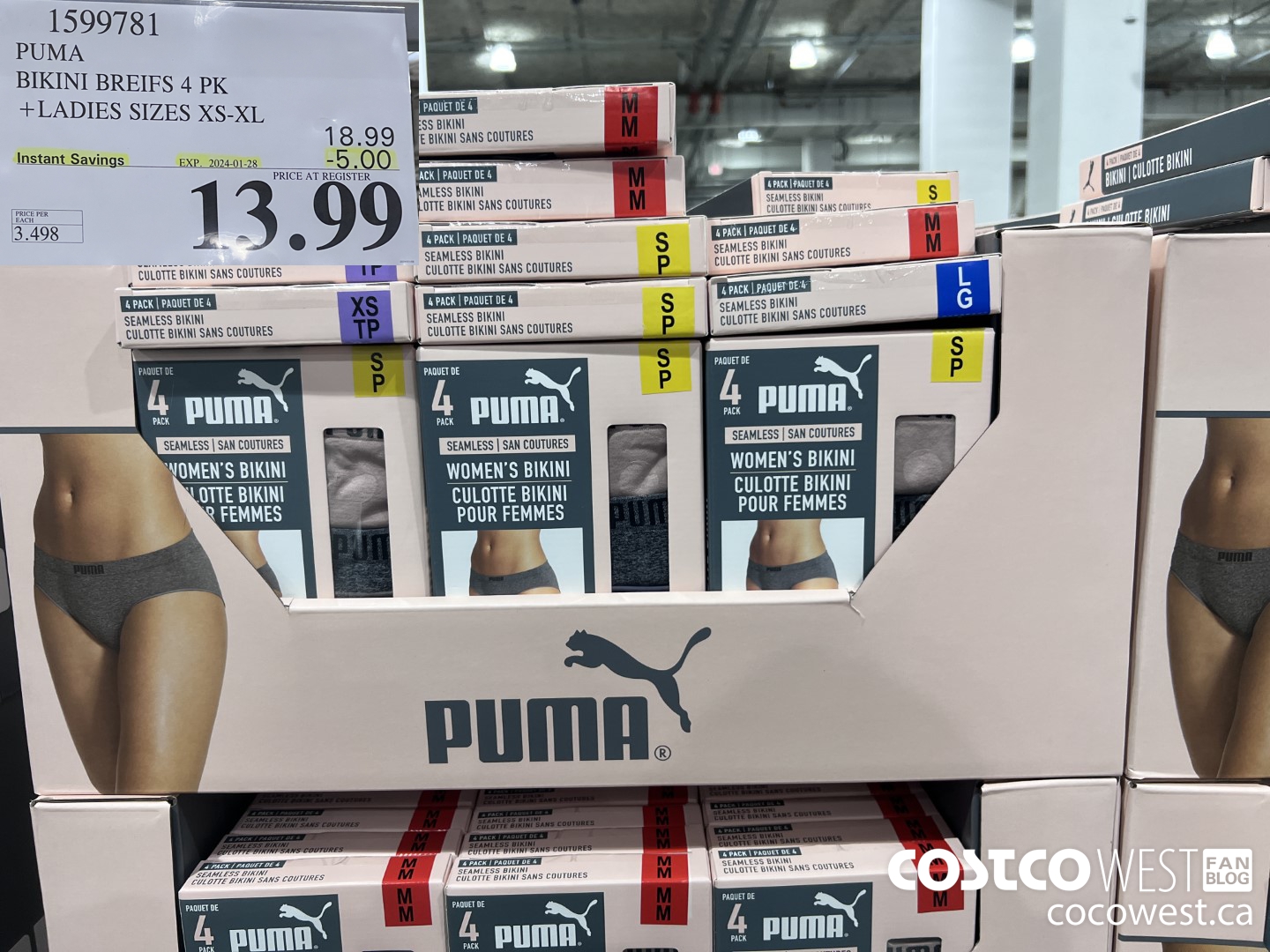 1599781 PUMA BIKINI BRIEFS 4 PK LADIES SIZES XS-XL ($5.00 INSTANT SAVINGS EXPIRES ON 2024-01-28) $13.99