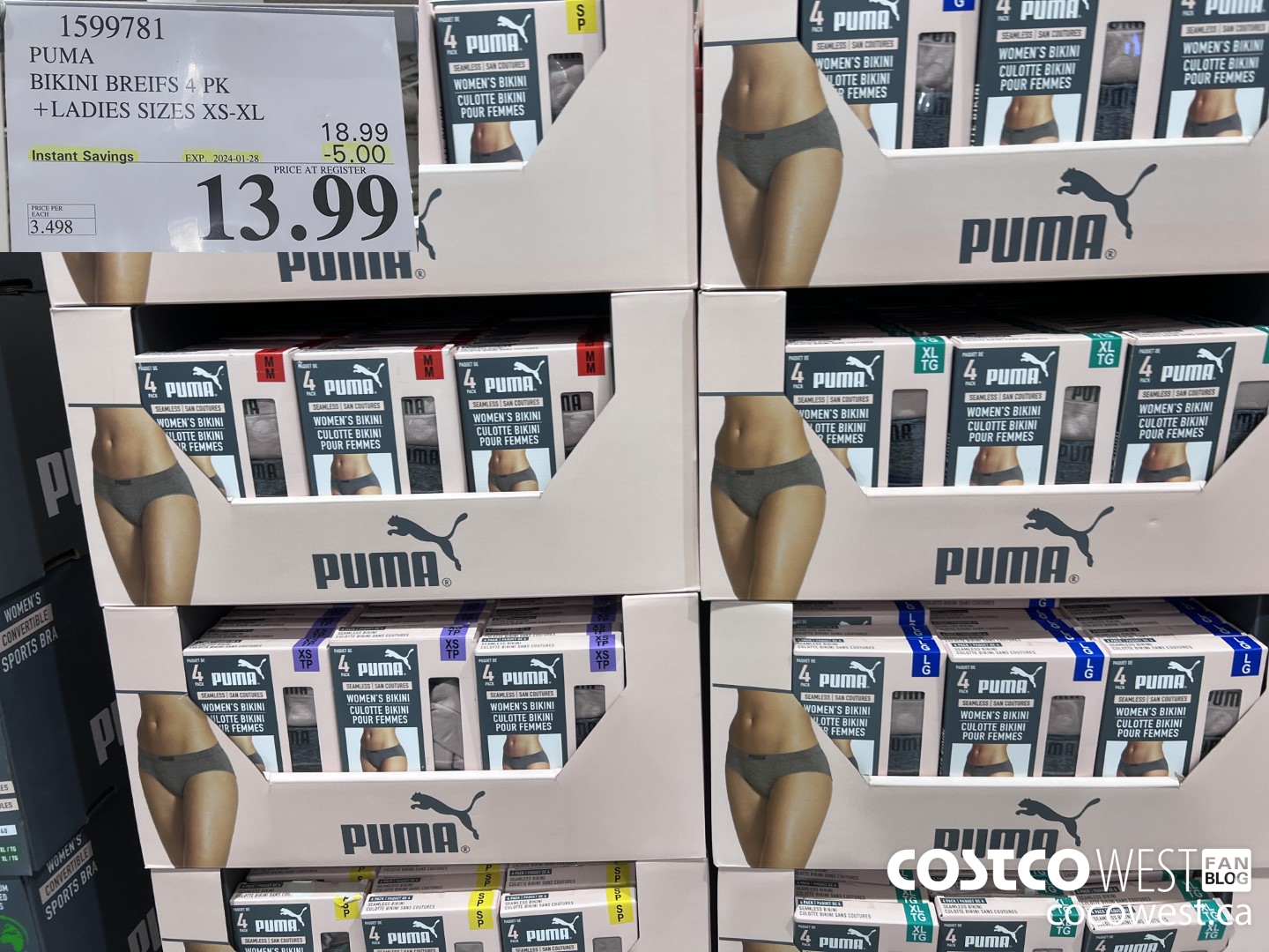 1599781 PUMA BIKINI BRIEFS 4 PK LADIES SIZES XS-XL ($5.00 INSTANT SAVINGS EXPIRES ON 2024-01-28) $13.99