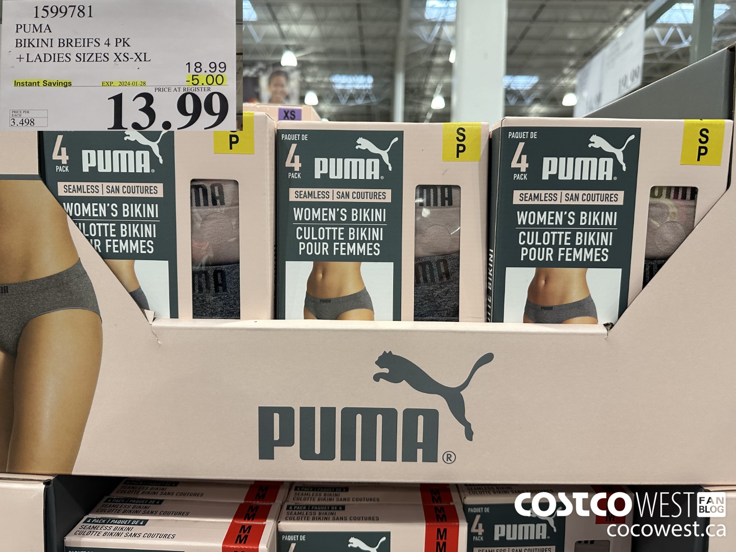 1599781 PUMA BIKINI BRIEFS 4 PK LADIES SIZES XS-XL ($5.00 INSTANT SAVINGS EXPIRES ON 2024-01-28) $13.99