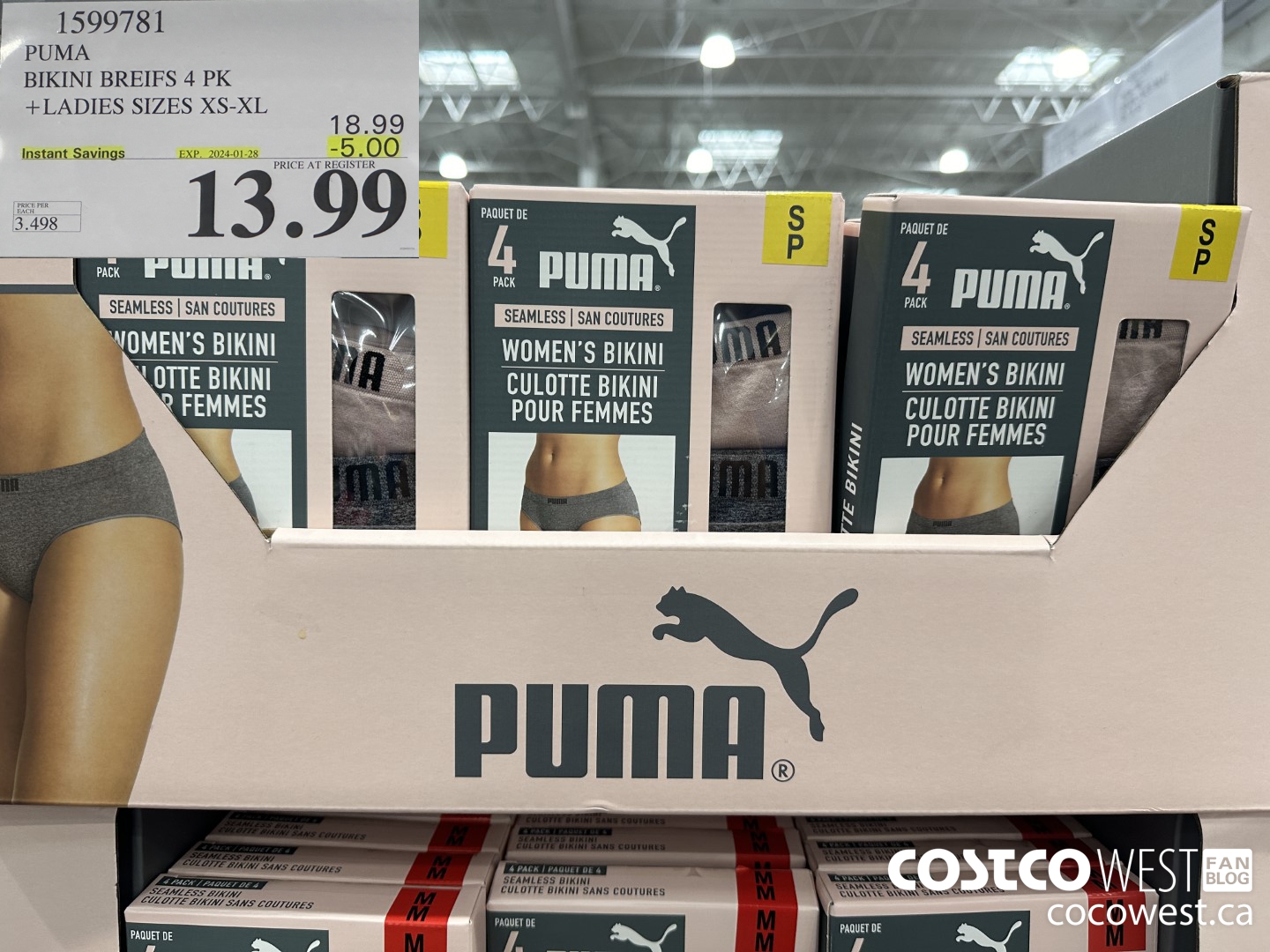 1599781 PUMA BIKINI BRIEFS 4 PK LADIES SIZES XS-XL ($5.00 INSTANT SAVINGS EXPIRES ON 2024-01-28) $13.99