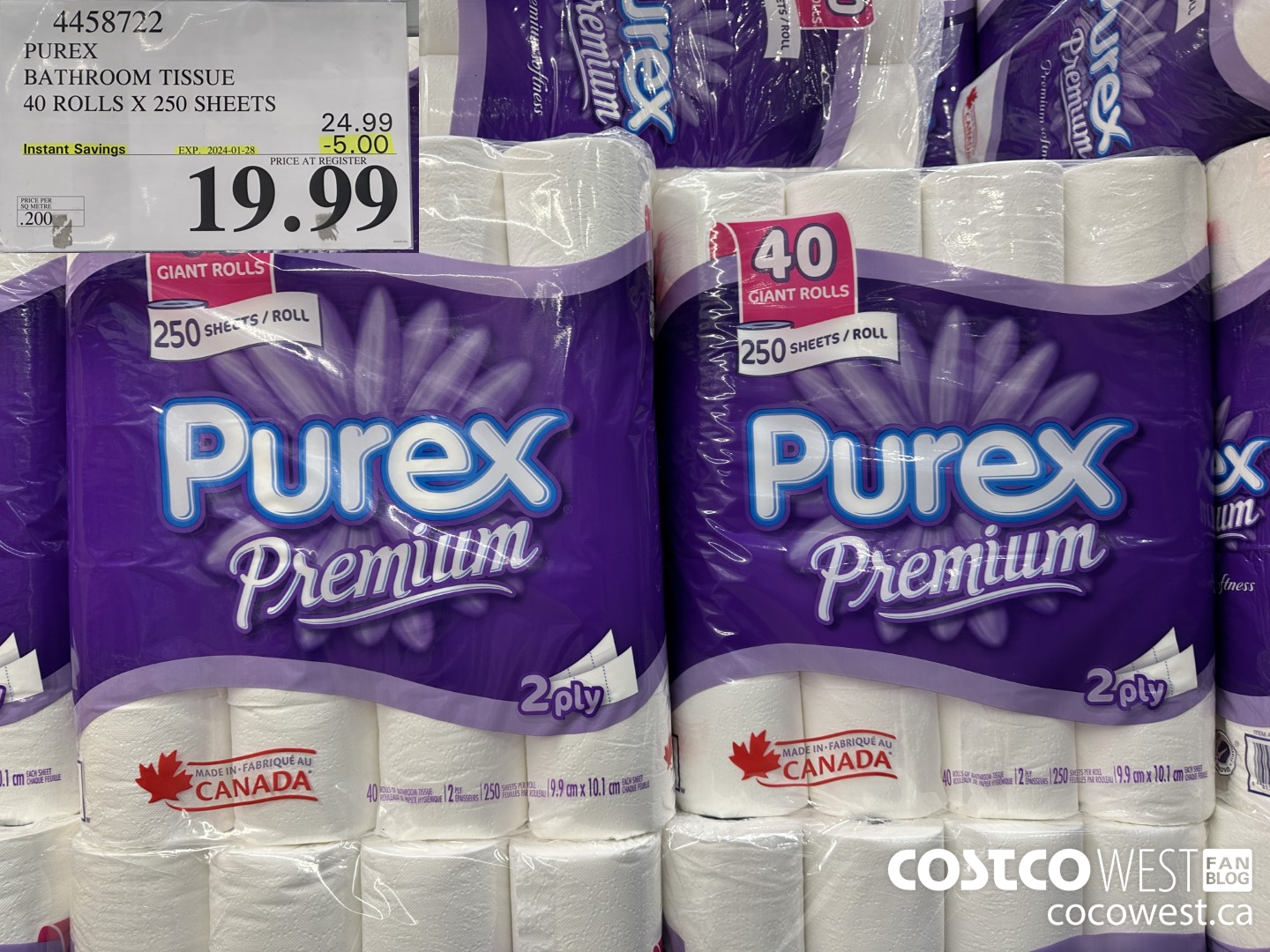 4458722 PUREX BATHROOM TISSUE 40 ROLLS X 250 SHEETS ($5.00 INSTANT SAVINGS EXPIRES ON 2024-01-28) $19.99