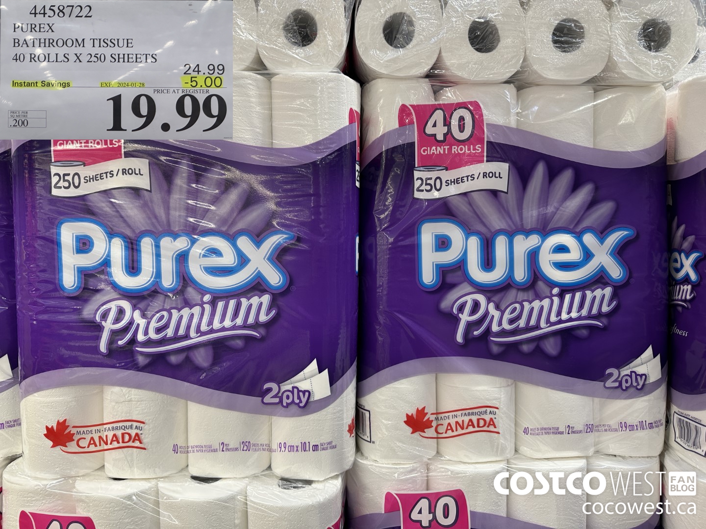4458722 PUREX BATHROOM TISSUE 40 ROLLS X 250 SHEETS ($5.00 INSTANT SAVINGS EXPIRES ON 2024-01-28) $19.99