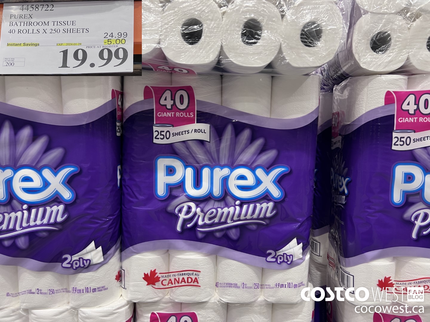 4458722 PUREX BATHROOM TISSUE 40 ROLLS X 250 SHEETS ($5.00 INSTANT SAVINGS EXPIRES ON 2024-01-28) $19.99