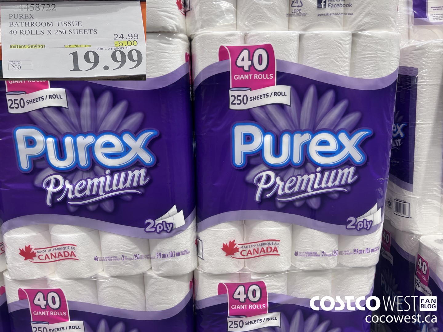 4458722 PUREX BATHROOM TISSUE 40 ROLLS X 250 SHEETS ($5.00 INSTANT SAVINGS EXPIRES ON 2024-01-28) $19.99