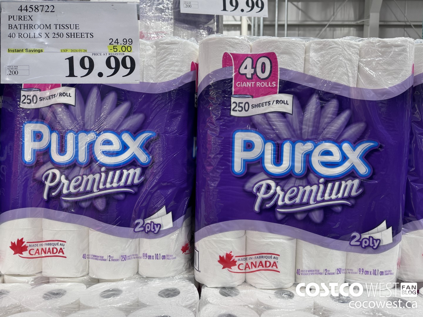 4458722 PUREX BATHROOM TISSUE 40 ROLLS X 250 SHEETS ($5.00 INSTANT SAVINGS EXPIRES ON 2024-01-28) $19.99
