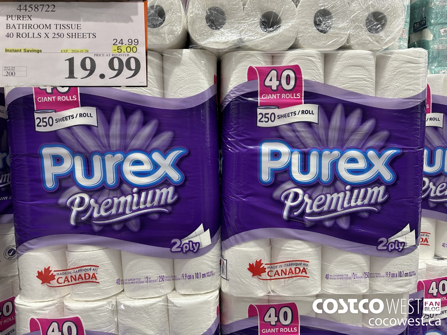 4458722 PUREX BATHROOM TISSUE 40 ROLLS X 250 SHEETS ($5.00 INSTANT SAVINGS EXPIRES ON 2024-01-28) $19.99