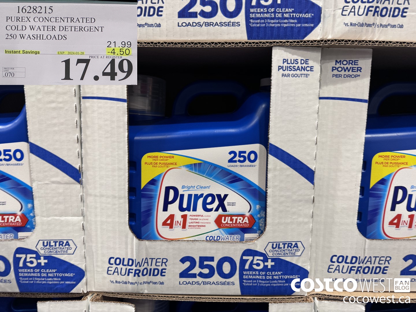 1628215 PUREX CONCENTRATED COLD WATER DETERGENT 250 WASHLOADS ($4.50 INSTANT SAVINGS EXPIRES ON 2024-01-28) $17.49