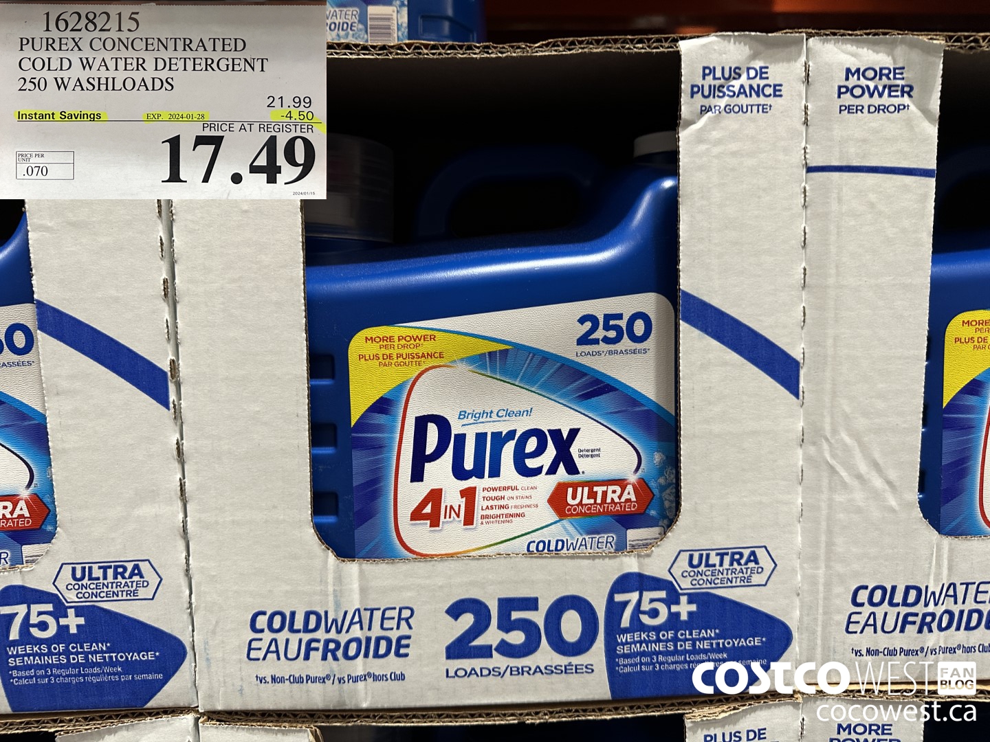 1628215 PUREX CONCENTRATED COLD WATER DETERGENT 250 WASHLOADS ($4.50 INSTANT SAVINGS EXPIRES ON 2024-01-28) $17.49