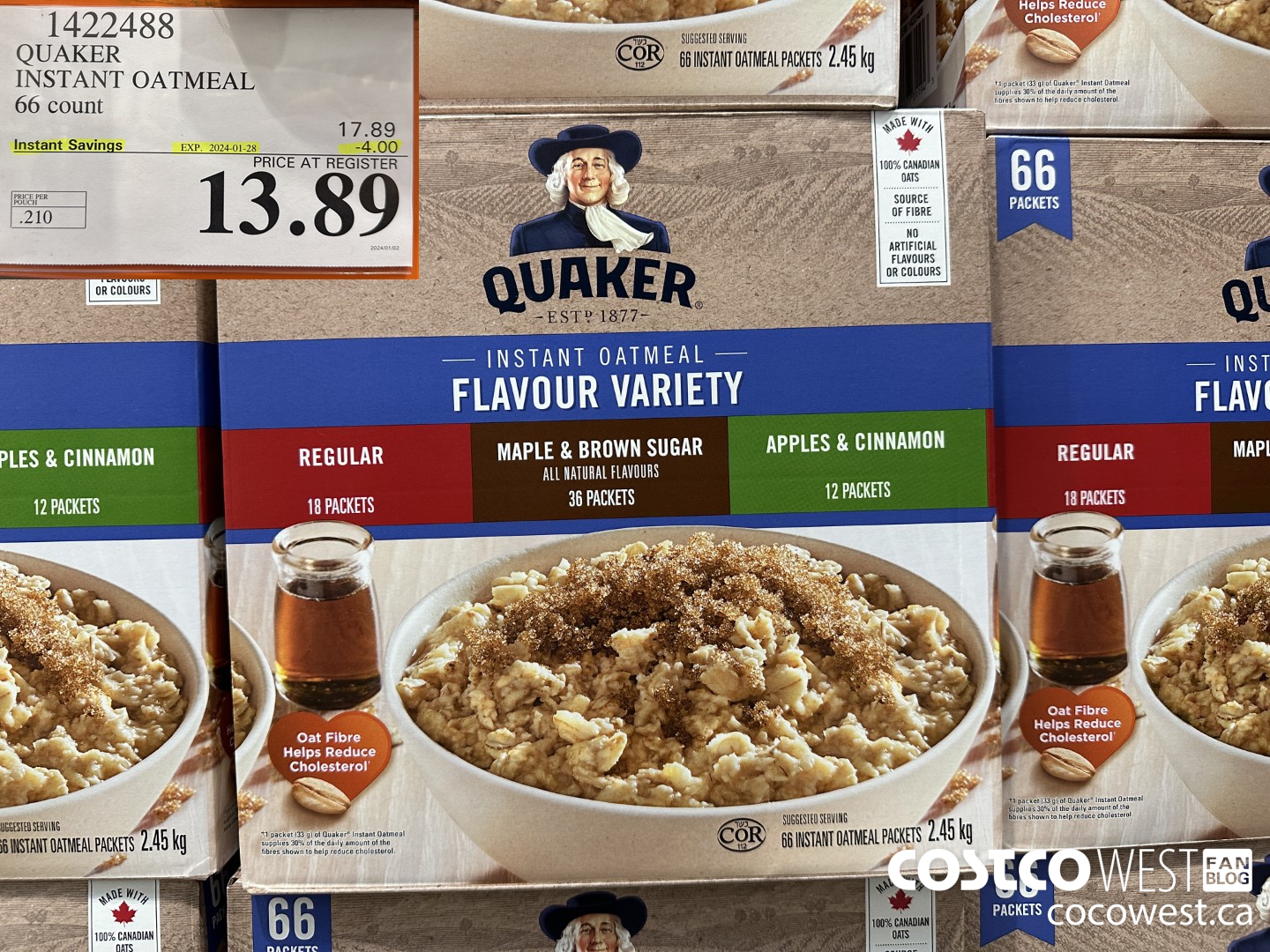 1422488 QUAKER INSTANT OATMEAL 66 COUNT ($4.00 INSTANT SAVINGS EXPIRES ON 2024-01-28) $13.89
