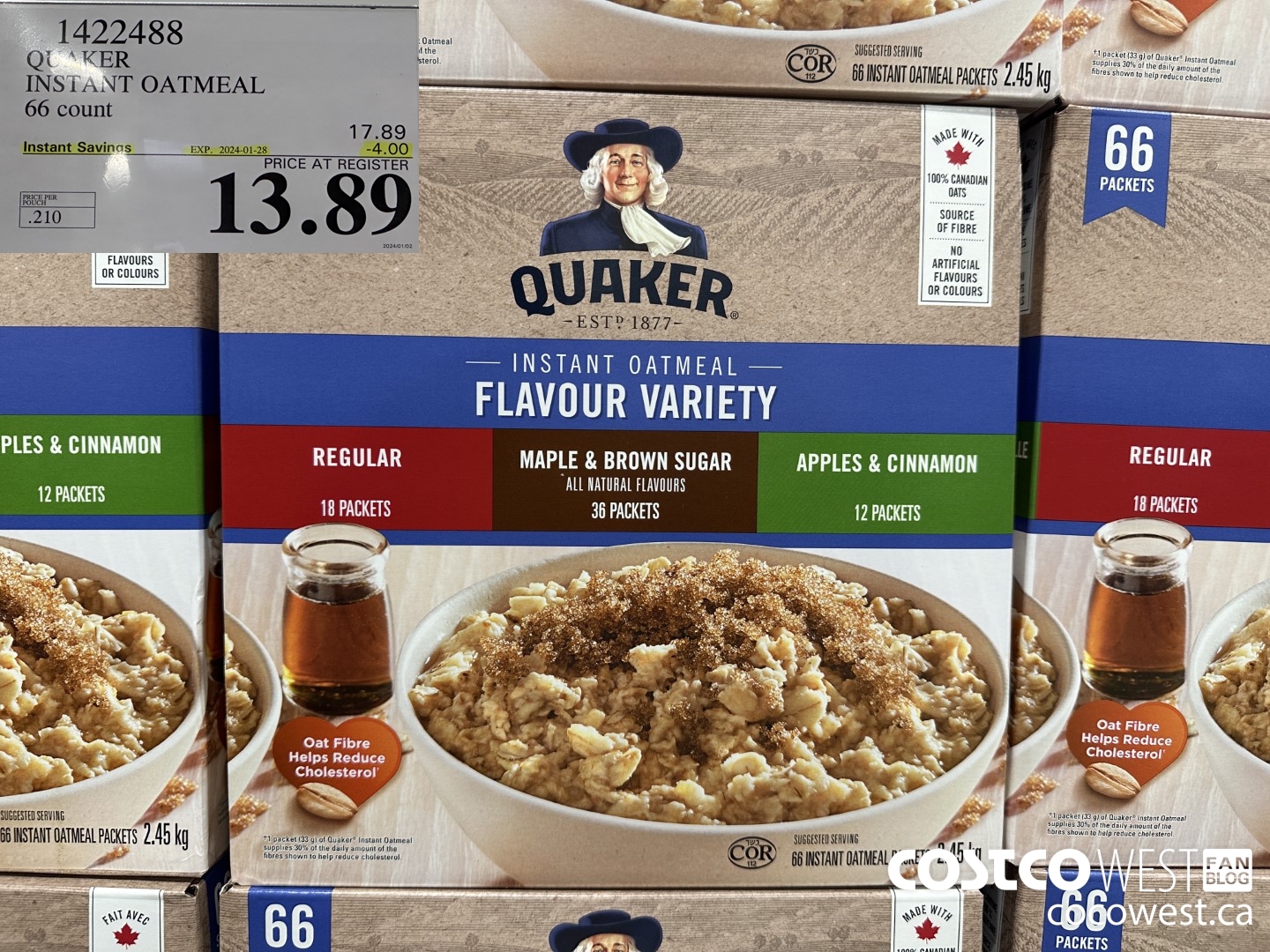 1422488 QUAKER INSTANT OATMEAL 66 COUNT ($4.00 INSTANT SAVINGS EXPIRES ON 2024-01-28) $13.89