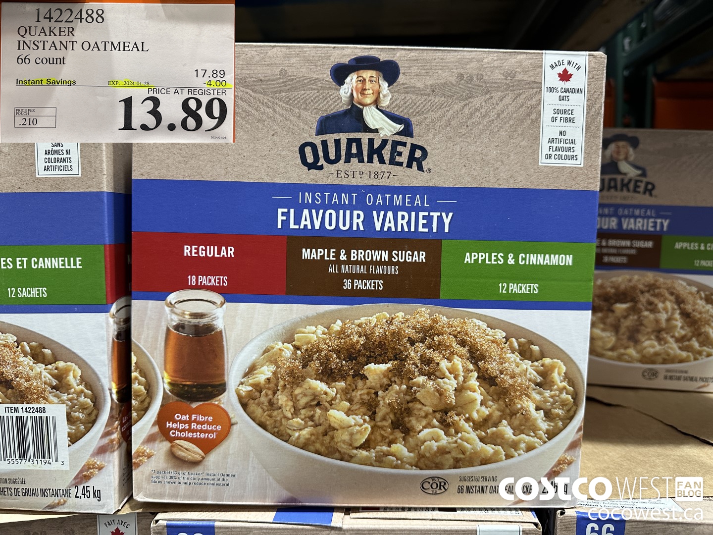 1422488 QUAKER INSTANT OATMEAL 66 COUNT ($4.00 INSTANT SAVINGS EXPIRES ON 2024-01-28) $13.89