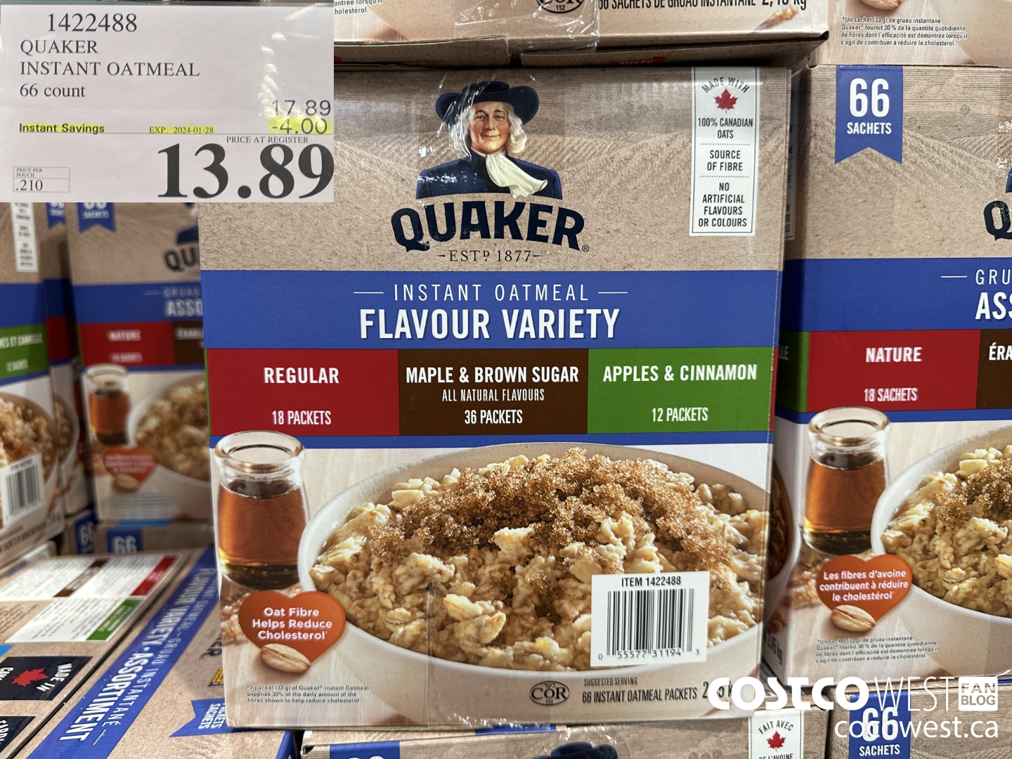 1422488 QUAKER INSTANT OATMEAL 66 COUNT ($4.00 INSTANT SAVINGS EXPIRES ON 2024-01-28) $13.89