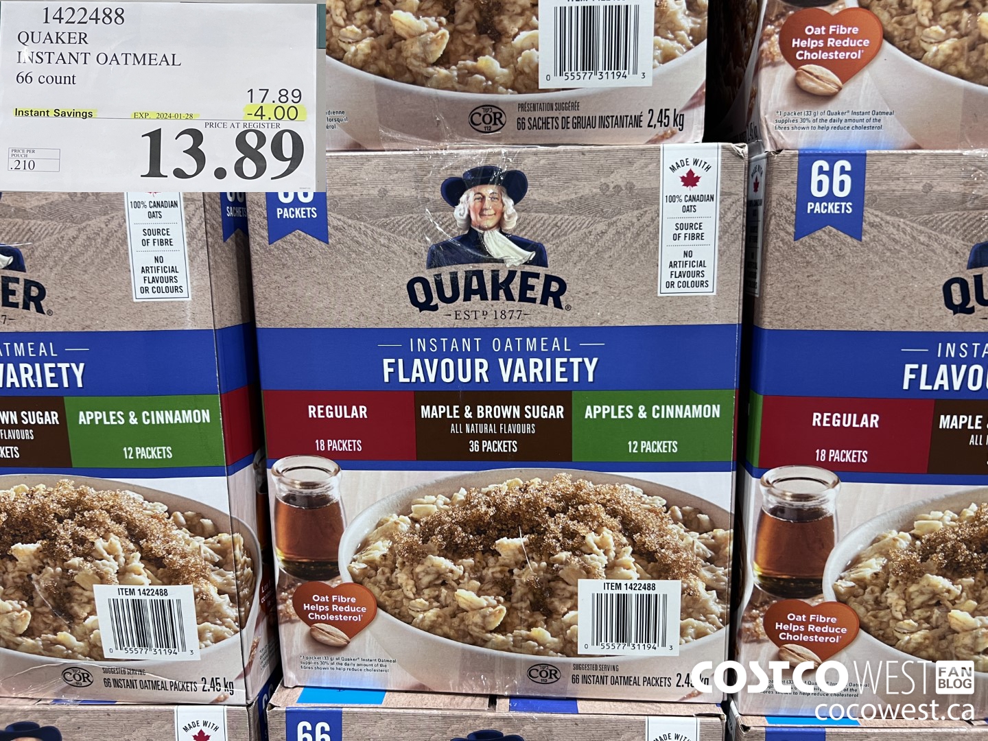 1422488 QUAKER INSTANT OATMEAL 66 COUNT ($4.00 INSTANT SAVINGS EXPIRES ON 2024-01-28) $13.89