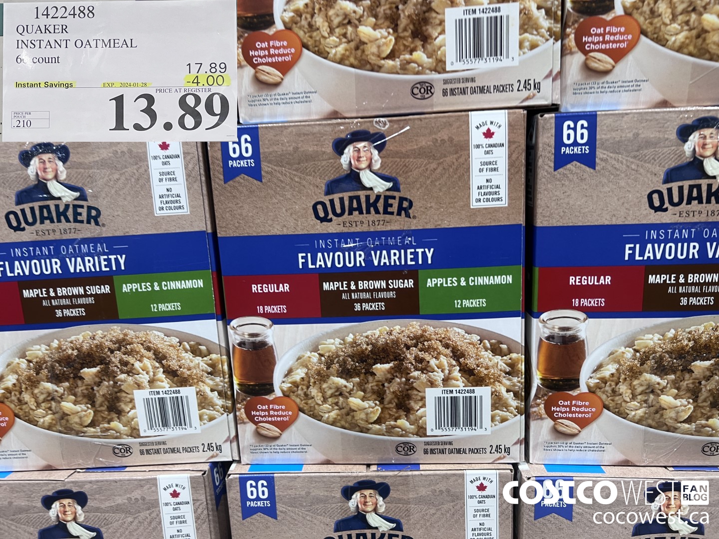 1422488 QUAKER INSTANT OATMEAL 66 COUNT ($4.00 INSTANT SAVINGS EXPIRES ON 2024-01-28) $13.89