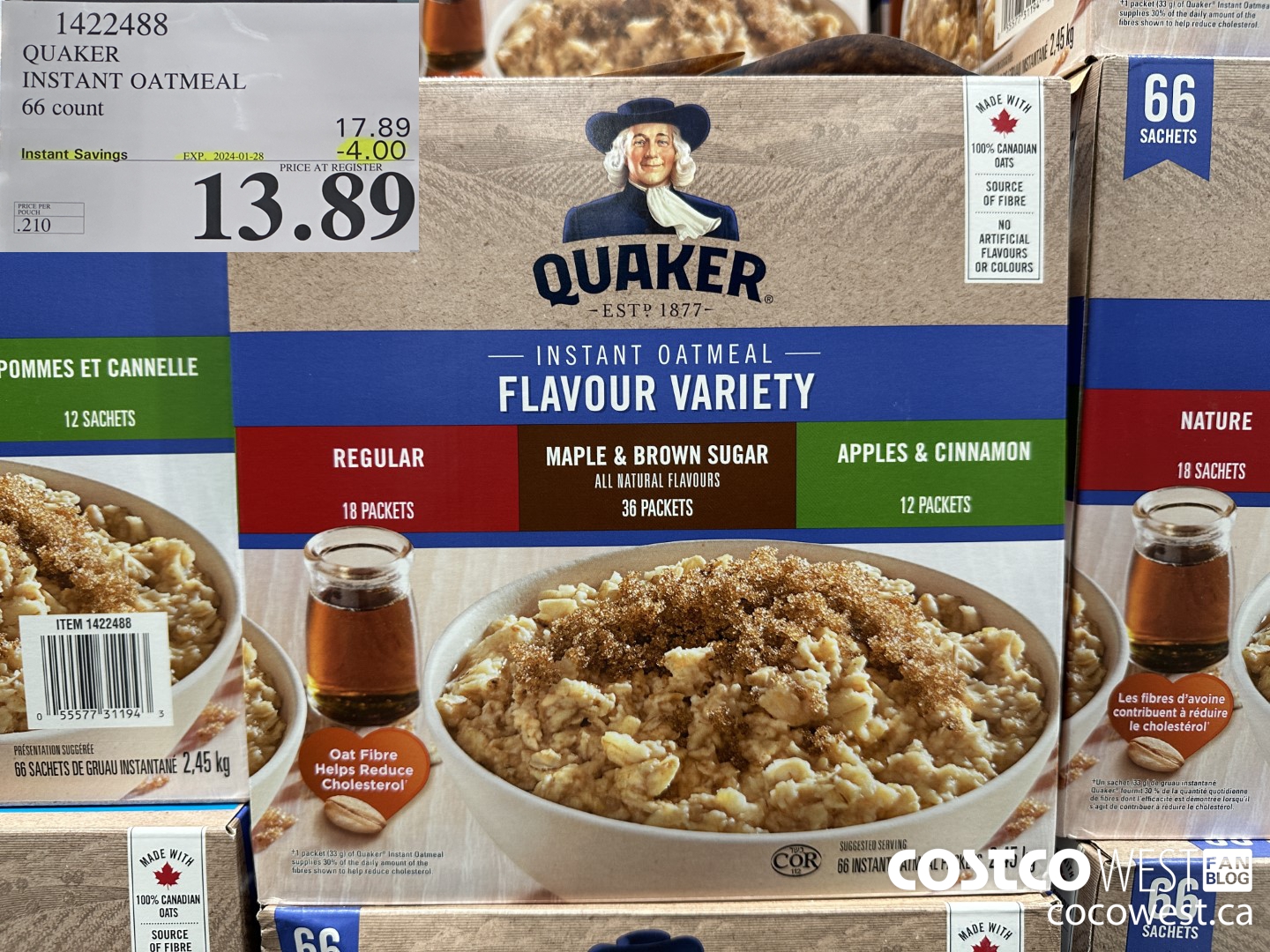 1422488 QUAKER INSTANT OATMEAL 66 COUNT ($4.00 INSTANT SAVINGS EXPIRES ON 2024-01-28) $13.89