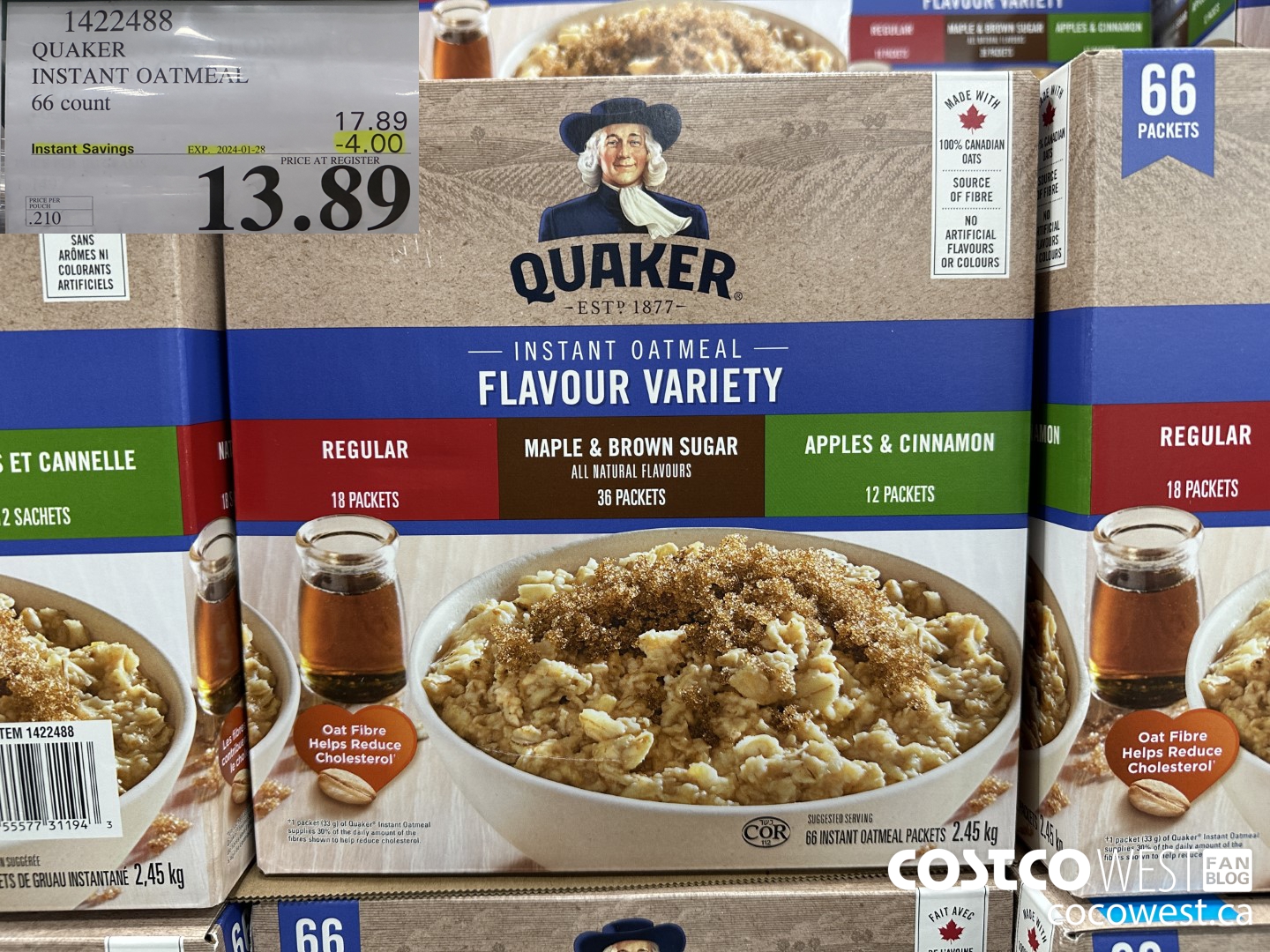 1422488 QUAKER INSTANT OATMEAL 66 COUNT ($4.00 INSTANT SAVINGS EXPIRES ON 2024-01-28) $13.89
