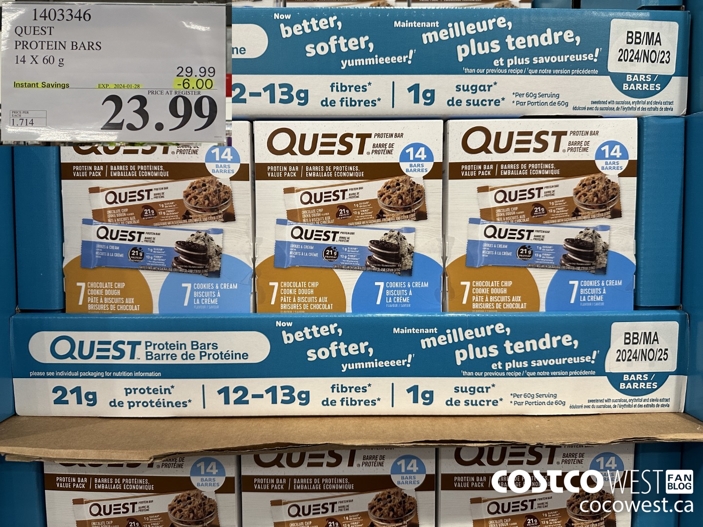 1403346 QUEST PROTEIN BARS 14 X 60g ($6.00 INSTANT SAVINGS EXPIRES ON 2024-01-28) $23.99