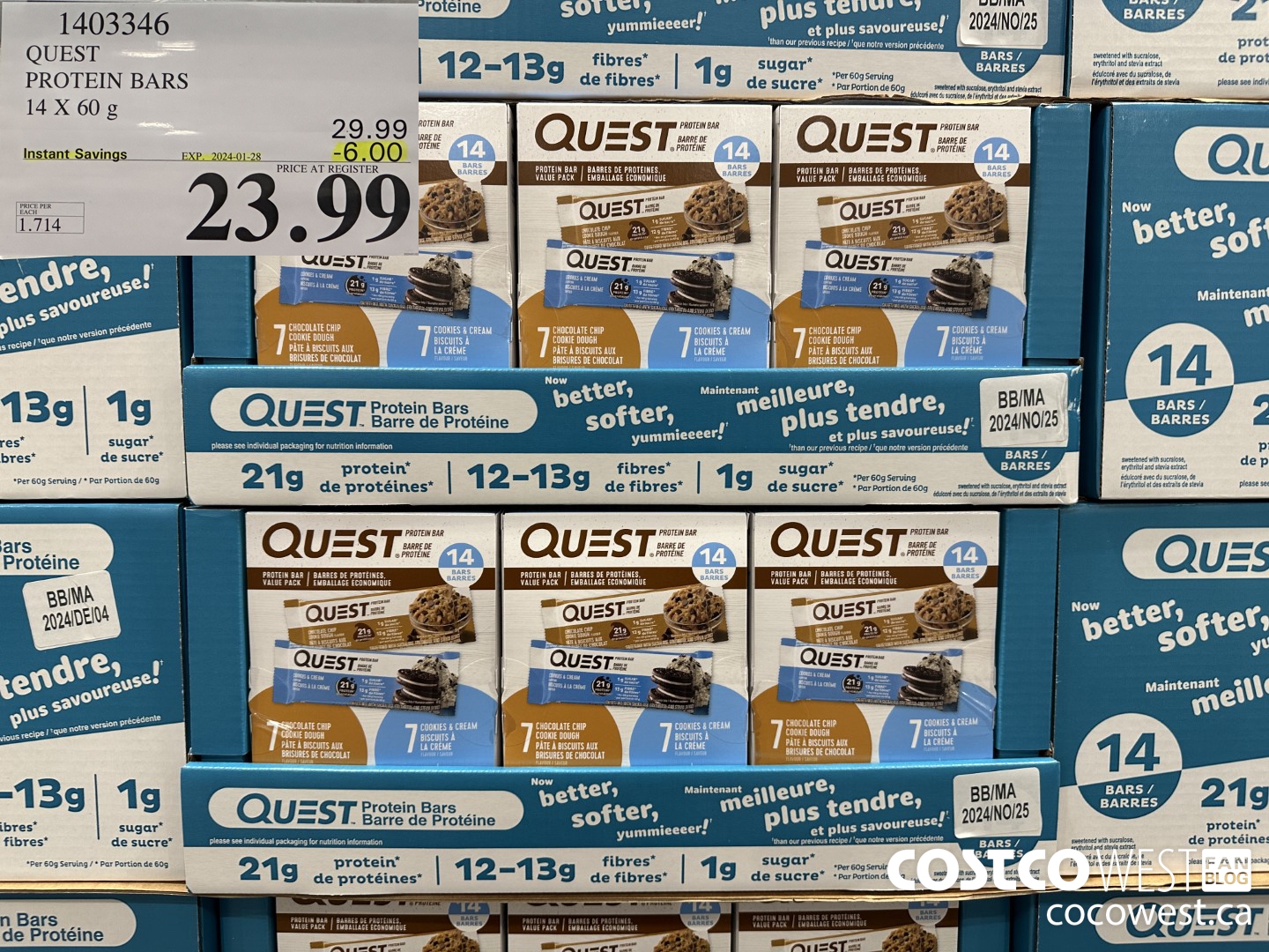 1403346 QUEST PROTEIN BARS 14 X 60g ($6.00 INSTANT SAVINGS EXPIRES ON 2024-01-28) $23.99