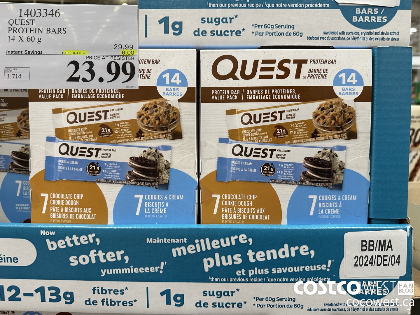 1403346 QUEST PROTEIN BARS 14 X 60g ($6.00 INSTANT SAVINGS EXPIRES ON 2024-01-28) $23.99