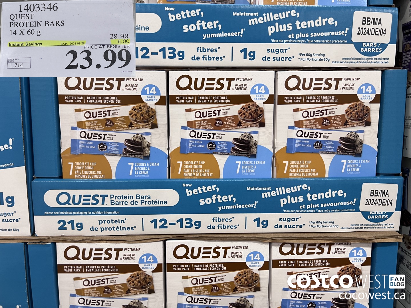 1403346 QUEST PROTEIN BARS 14 X 60g ($6.00 INSTANT SAVINGS EXPIRES ON 2024-01-28) $23.99