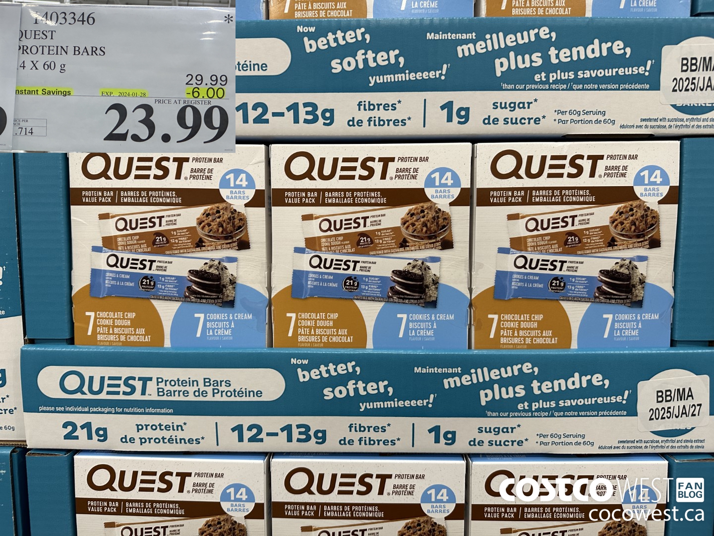 1403346 QUEST PROTEIN BARS 14 X 60g ($6.00 INSTANT SAVINGS EXPIRES ON 2024-01-28) $23.99