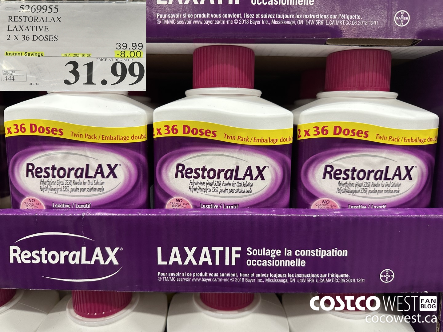 5269955 RESTORALAX LAXATIVE 2 X 36 DOSES ($8.00 INSTANT SAVINGS EXPIRES ON 2024-01-28) $31.99