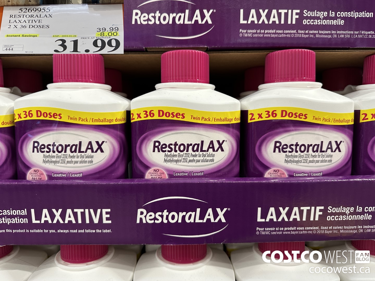 5269955 RESTORALAX LAXATIVE 2 X 36 DOSES ($8.00 INSTANT SAVINGS EXPIRES ON 2024-01-28) $31.99