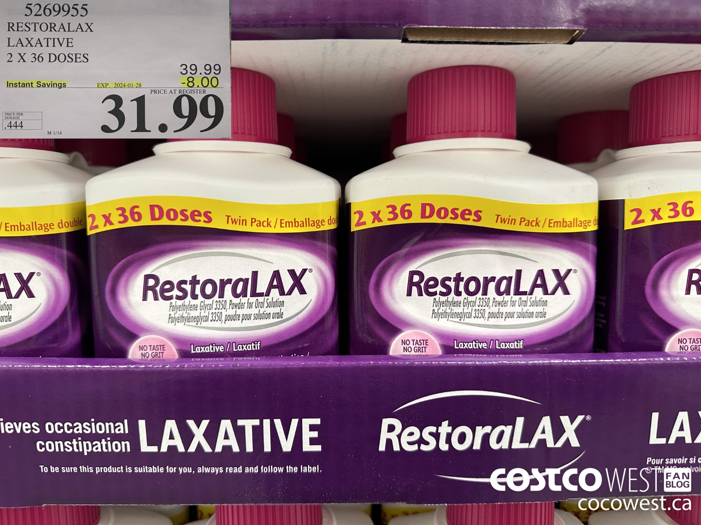 5269955 RESTORALAX LAXATIVE 2 X 36 DOSES ($8.00 INSTANT SAVINGS EXPIRES ON 2024-01-28) $31.99