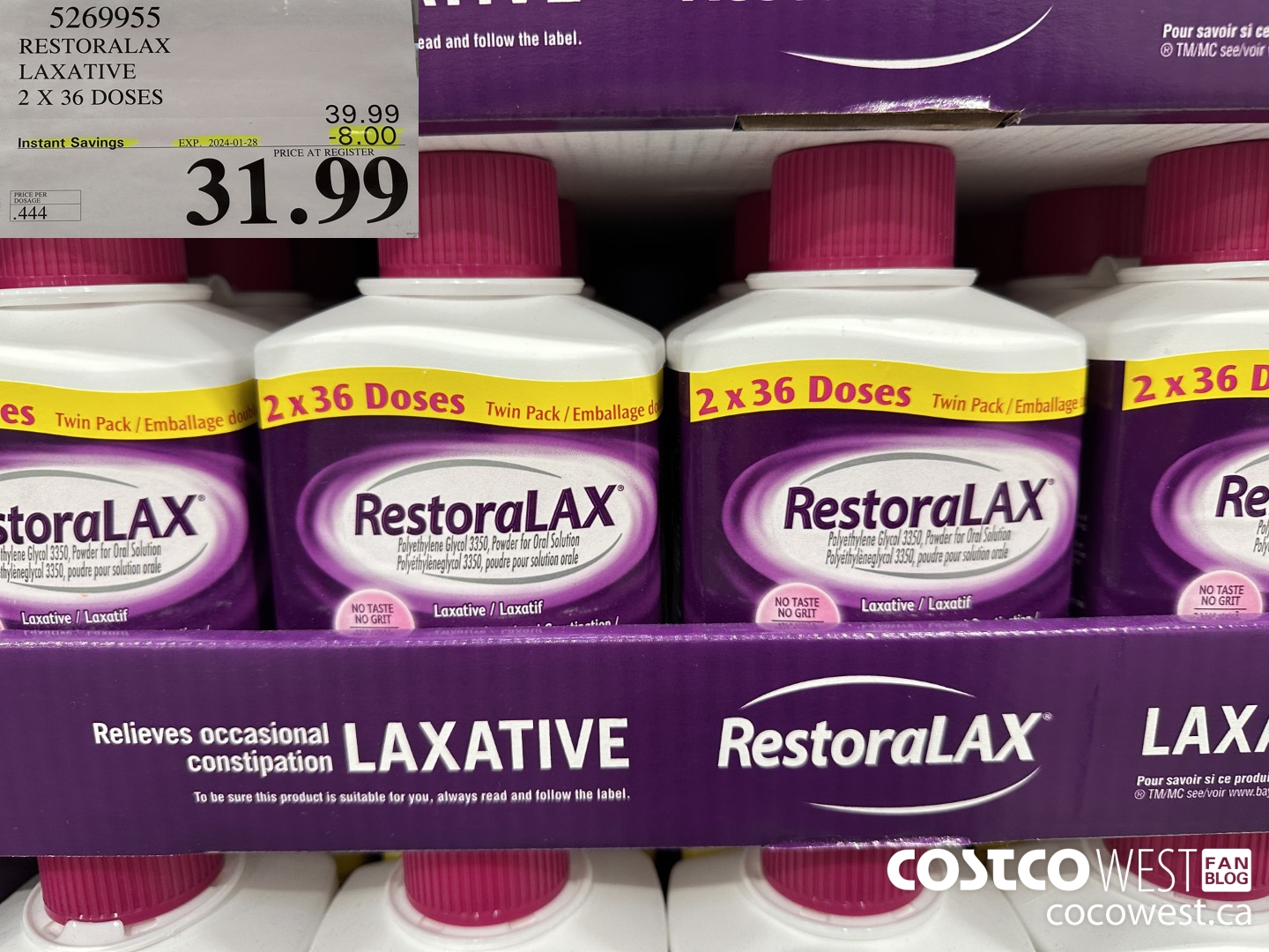 5269955 RESTORALAX LAXATIVE 2 X 36 DOSES ($8.00 INSTANT SAVINGS EXPIRES ON 2024-01-28) $31.99