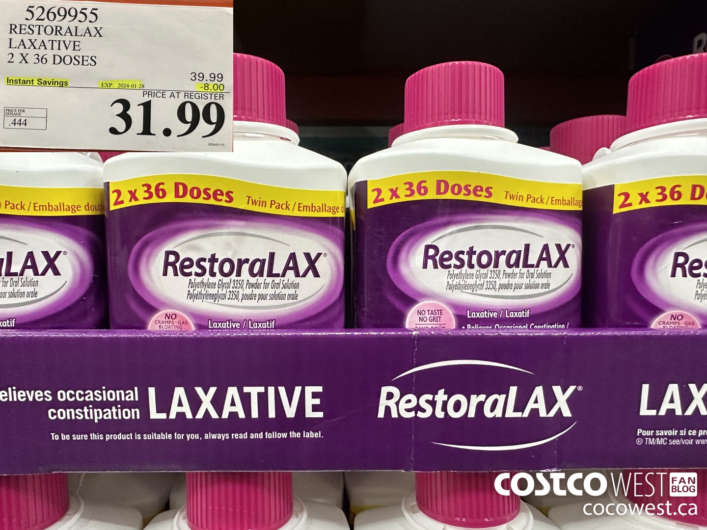 5269955 RESTORALAX LAXATIVE 2 X 36 DOSES ($8.00 INSTANT SAVINGS EXPIRES ON 2024-01-28) $31.99