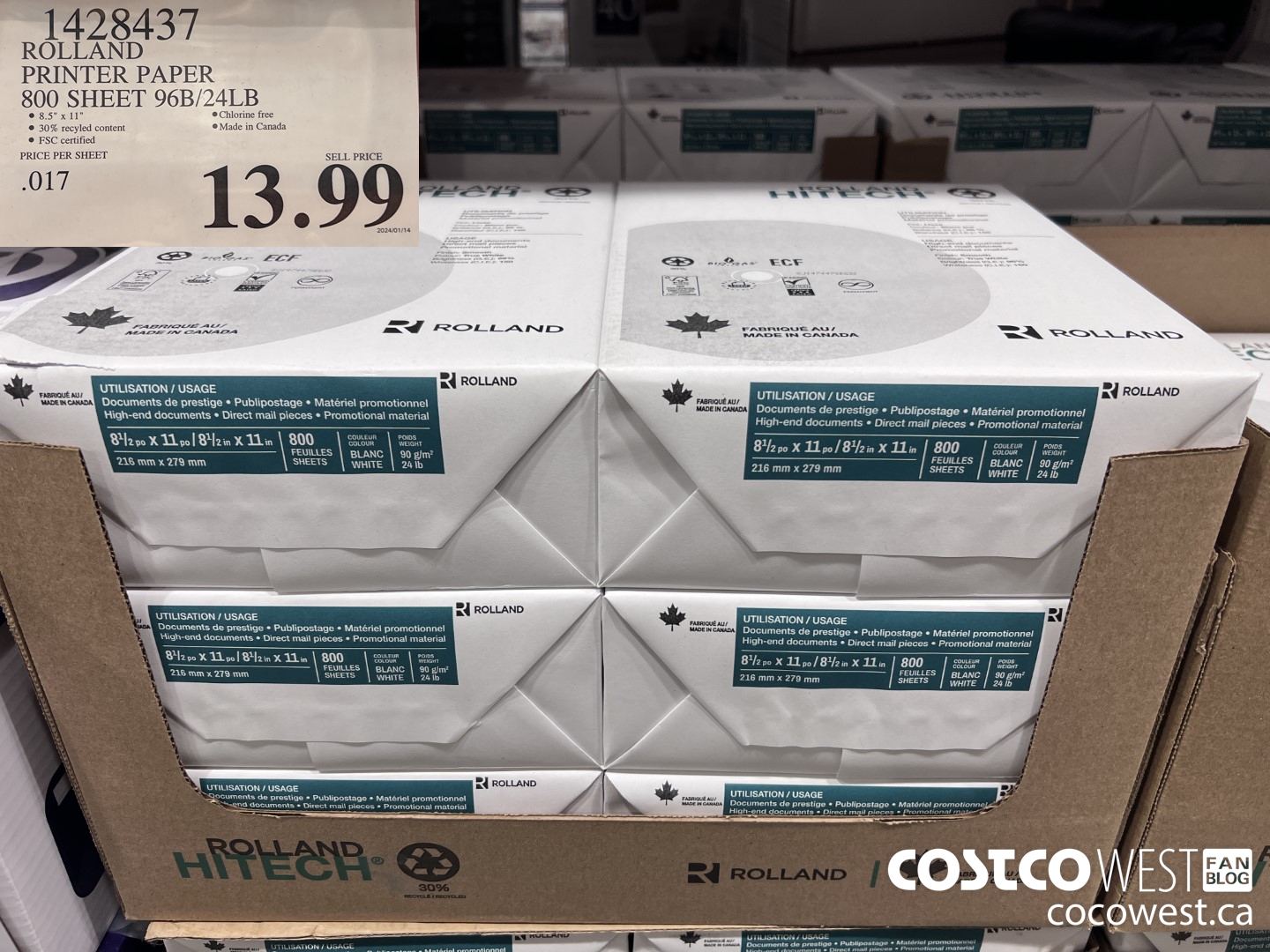 1428437 ROLLAND PRINTER PAPER 800 SHEET 96B/24LB $13.99
