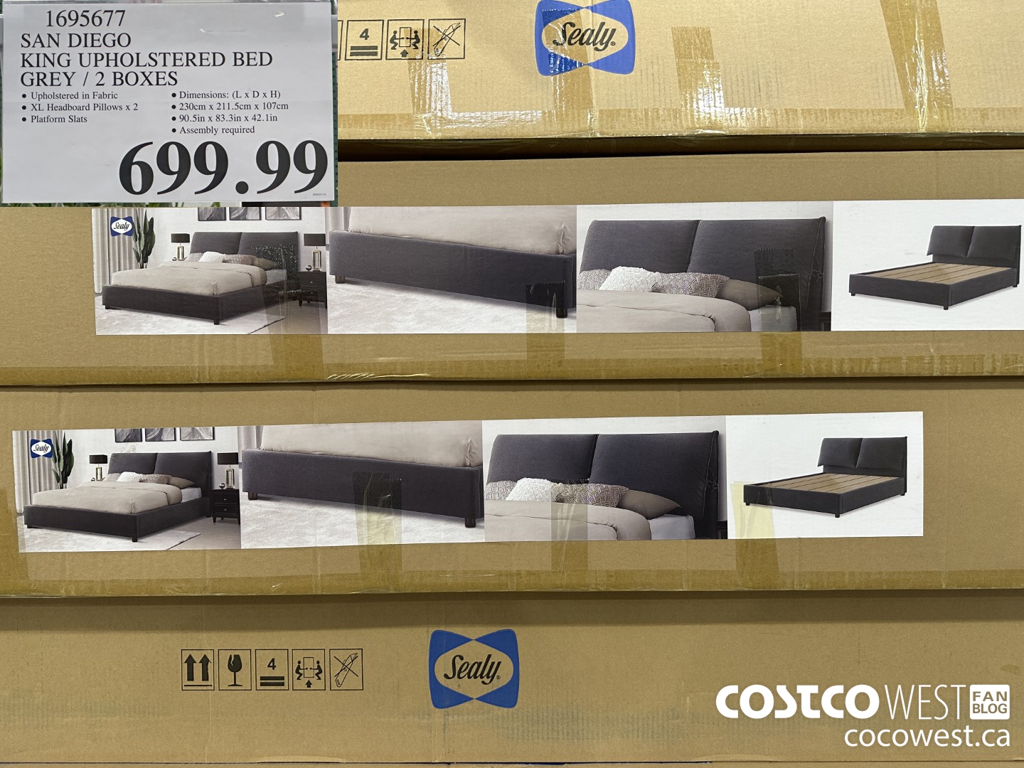 1695677 SAN DIEGO KING UPHOLSTERED BED GREY / 2 BOXES $699.99