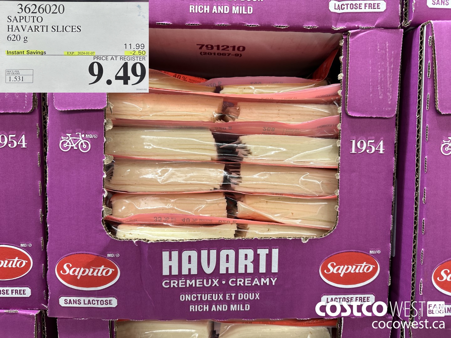 3626020 SAPUTO HAVARTI SLICES 620 g 2024-01-7 ($2.50 INSTANT SAVINGS) $9.49
