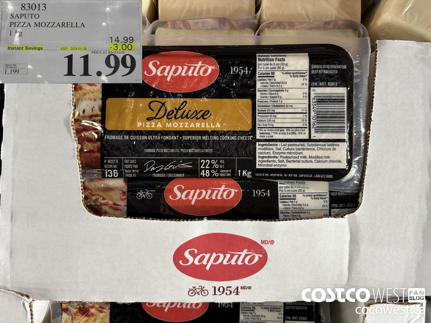 83013 SAPUTO PIZZA MOZZARELLA 1 kg ($3.00 INSTANT SAVINGS EXPIRES ON 2024-01-28) $11.99