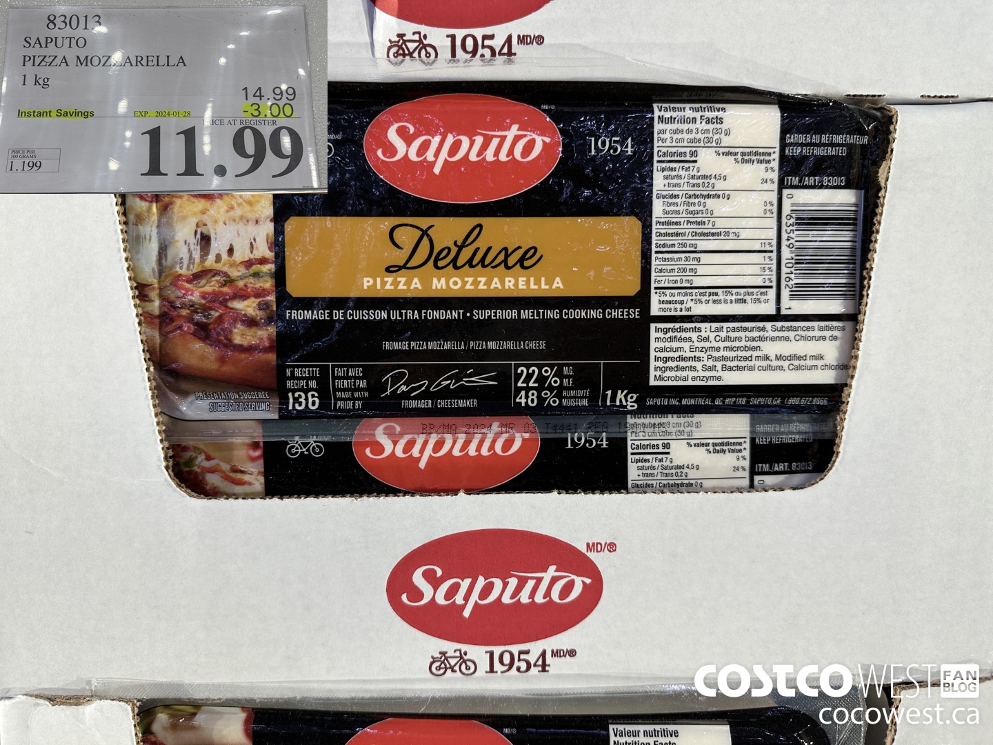 83013 SAPUTO PIZZA MOZZARELLA 1 kg ($3.00 INSTANT SAVINGS EXPIRES ON 2024-01-28) $11.99