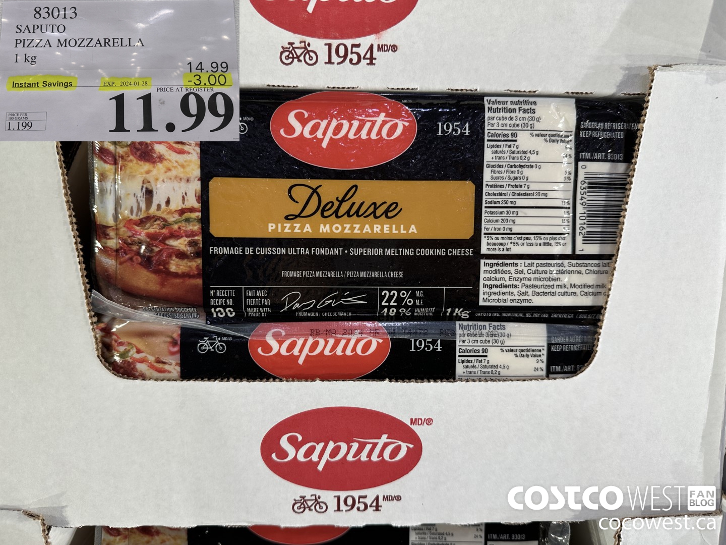83013 SAPUTO PIZZA MOZZARELLA 1 kg ($3.00 INSTANT SAVINGS EXPIRES ON 2024-01-28) $11.99
