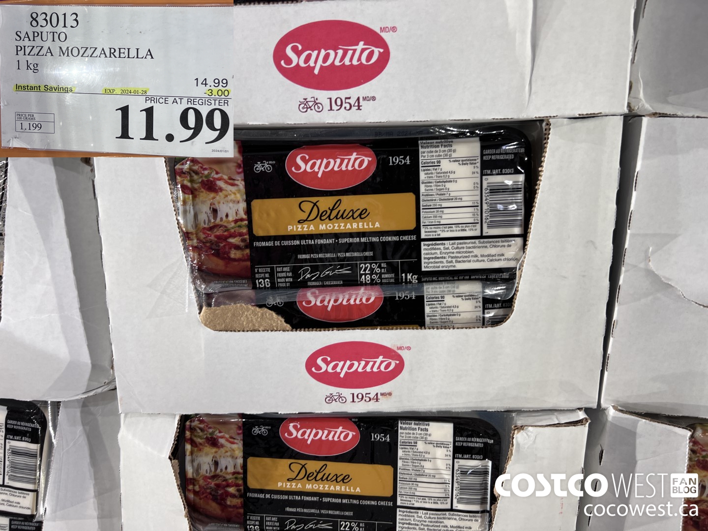 83013 SAPUTO PIZZA MOZZARELLA 1 kg ($3.00 INSTANT SAVINGS EXPIRES ON 2024-01-28) $11.99