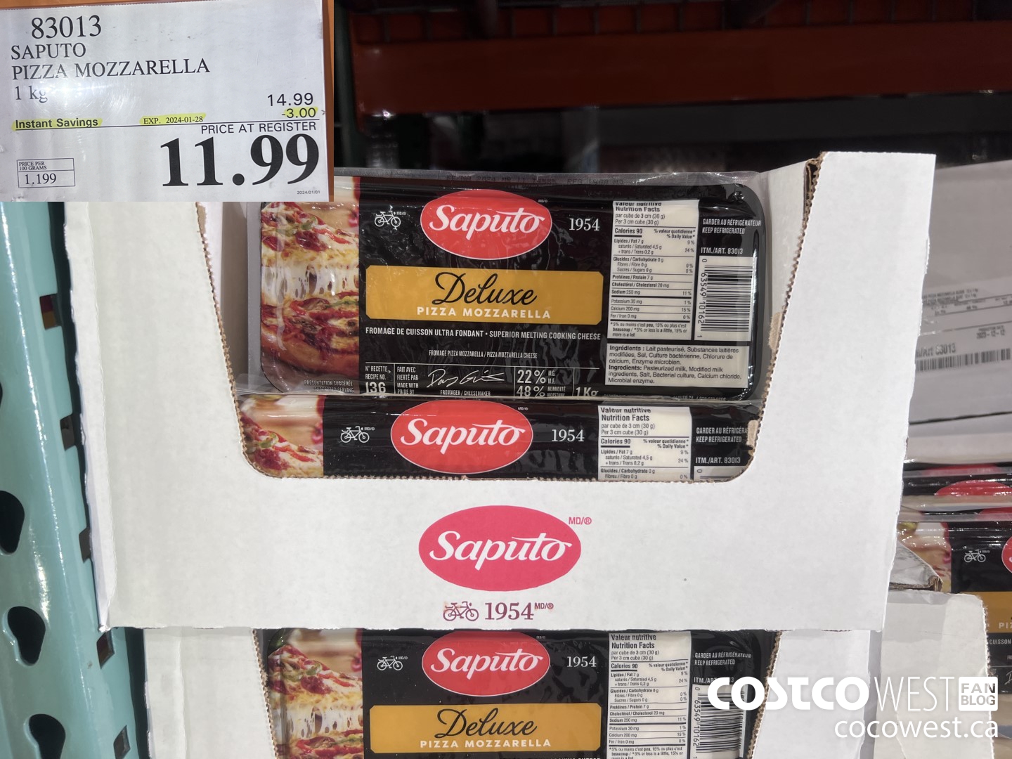 83013 SAPUTO PIZZA MOZZARELLA 1 kg ($3.00 INSTANT SAVINGS EXPIRES ON 2024-01-28) $11.99