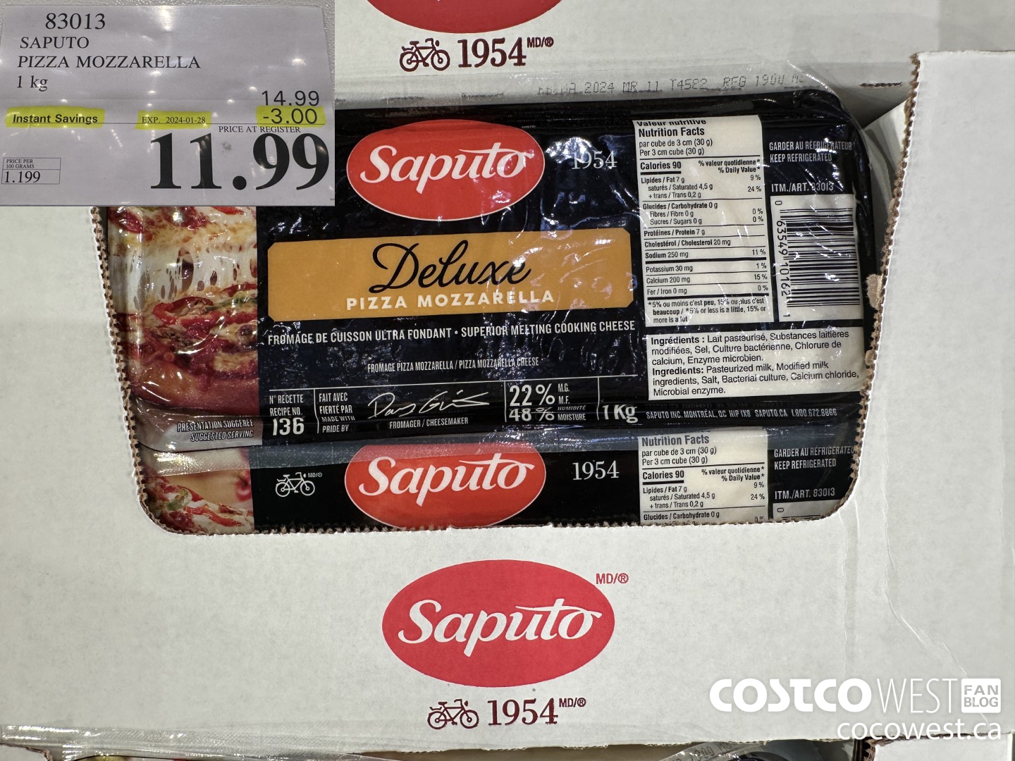 83013 SAPUTO PIZZA MOZZARELLA 1 kg ($3.00 INSTANT SAVINGS EXPIRES ON 2024-01-28) $11.99
