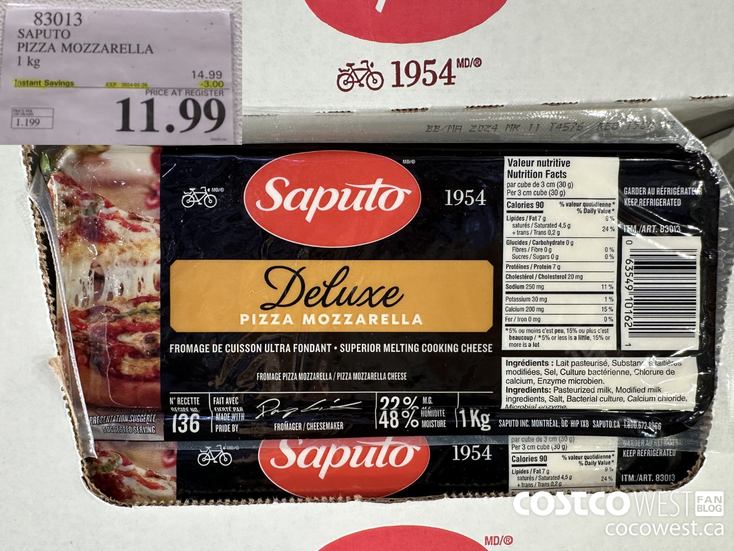 83013 SAPUTO PIZZA MOZZARELLA 1 kg ($3.00 INSTANT SAVINGS EXPIRES ON 2024-01-28) $11.99