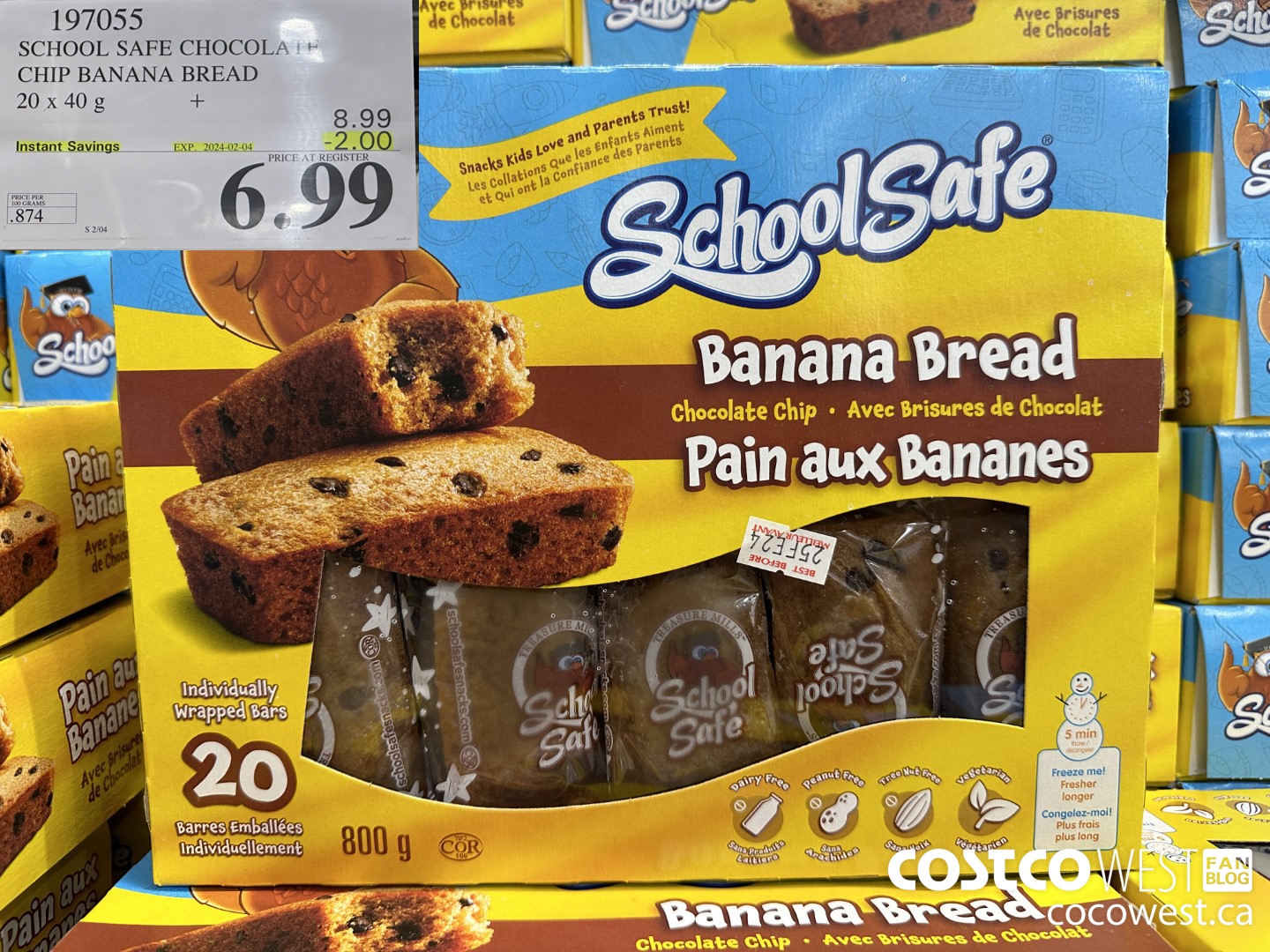 197055 SCHOOL SAFE CHOCOLATE CHIP BANANA BREAD 20 X 40 G ($2.00 INSTANT SAVINGS EXPIRES ON 2024-02-04) $6.99