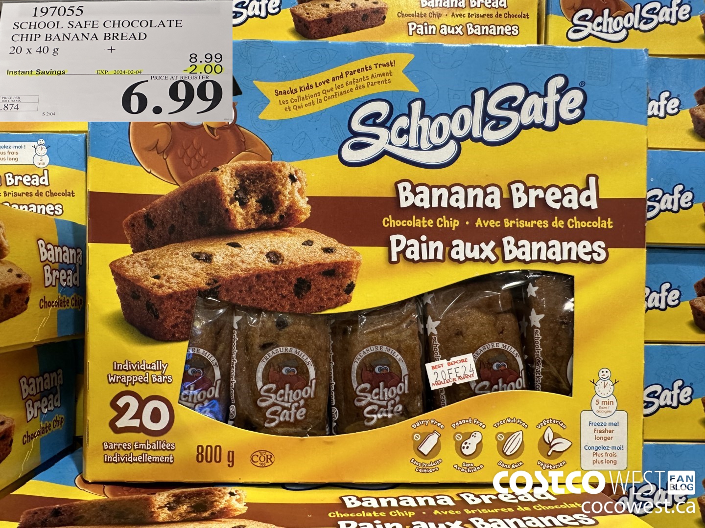 197055 SCHOOL SAFE CHOCOLATE CHIP BANANA BREAD 20 X 40 G ($2.00 INSTANT SAVINGS EXPIRES ON 2024-02-04) $6.99