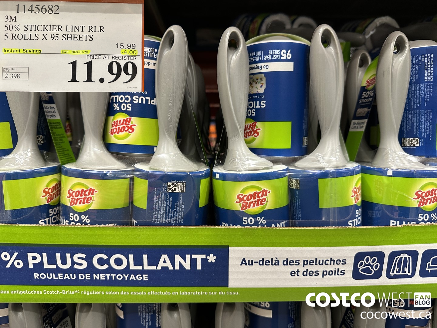 1145682 SCOTCH BRITE 50% STICKIER LINT RLR 5 ROLLS X 95 SHEETS ($4.00 INSTANT SAVINGS EXPIRES ON 2024-01-28) $11.99