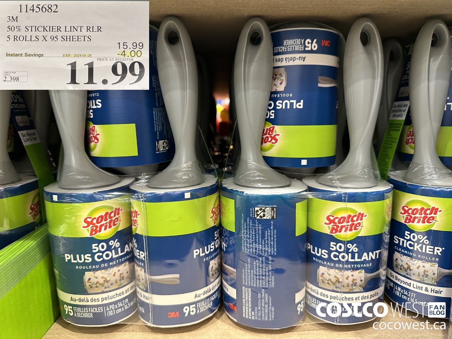 1145682 SCOTCH BRITE 50% STICKIER LINT RLR 5 ROLLS X 95 SHEETS ($4.00 INSTANT SAVINGS EXPIRES ON 2024-01-28) $11.99